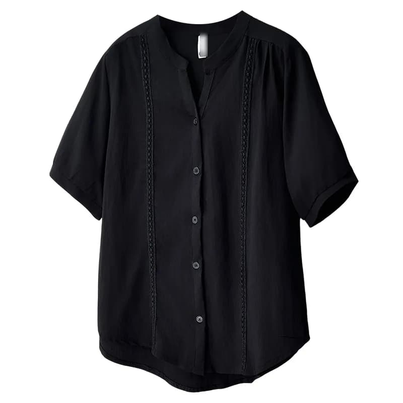 2026 Summer Plus Size V Neck Lace Splicing Open Blouse Short Sleeve Casual Daily Shirt Curvy Ladies 2626