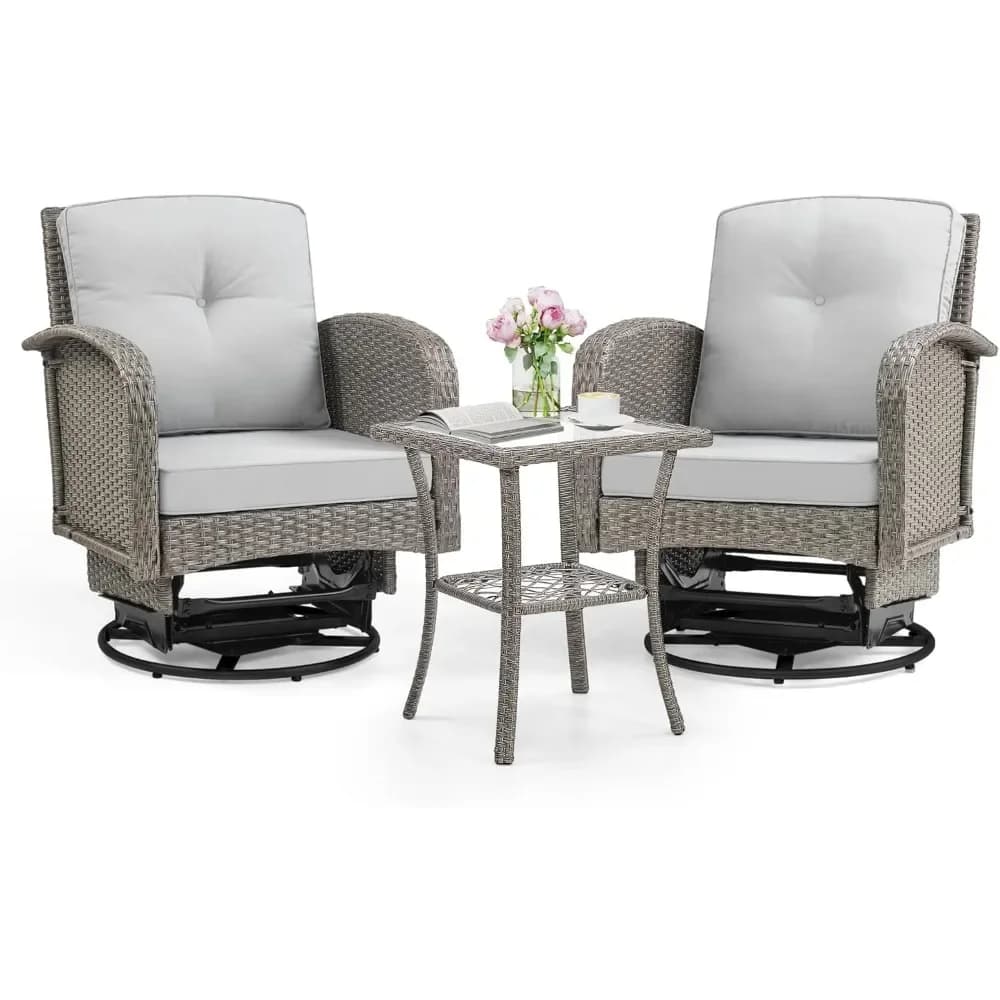 Set of outdoor swivel chairs, garden furniture set with 3 swivel chairs, wicker bistro set for all seasons, washable cushions, I