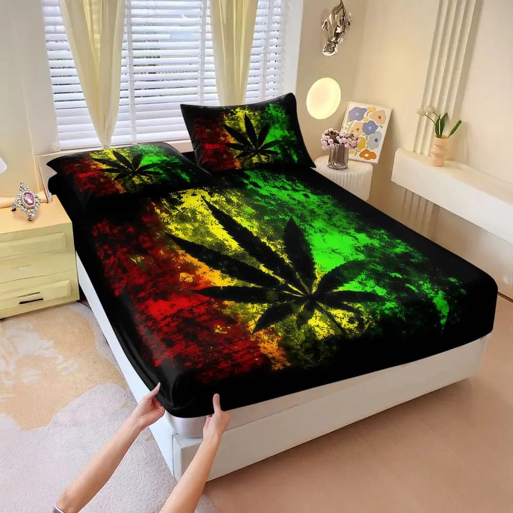 Leaf Print Fitted Sheet Set Bed Sheet Set Digital Printed Bedding Soft Elastic Fabric For Bedroom Home Decor