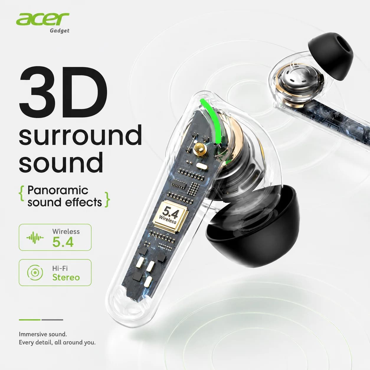 Original Acer OHR619 Bluetooth5.4 In Ear Earbuds 3D Surround HIFI Decode 20H Long Standby Wireless Sports Headphones
