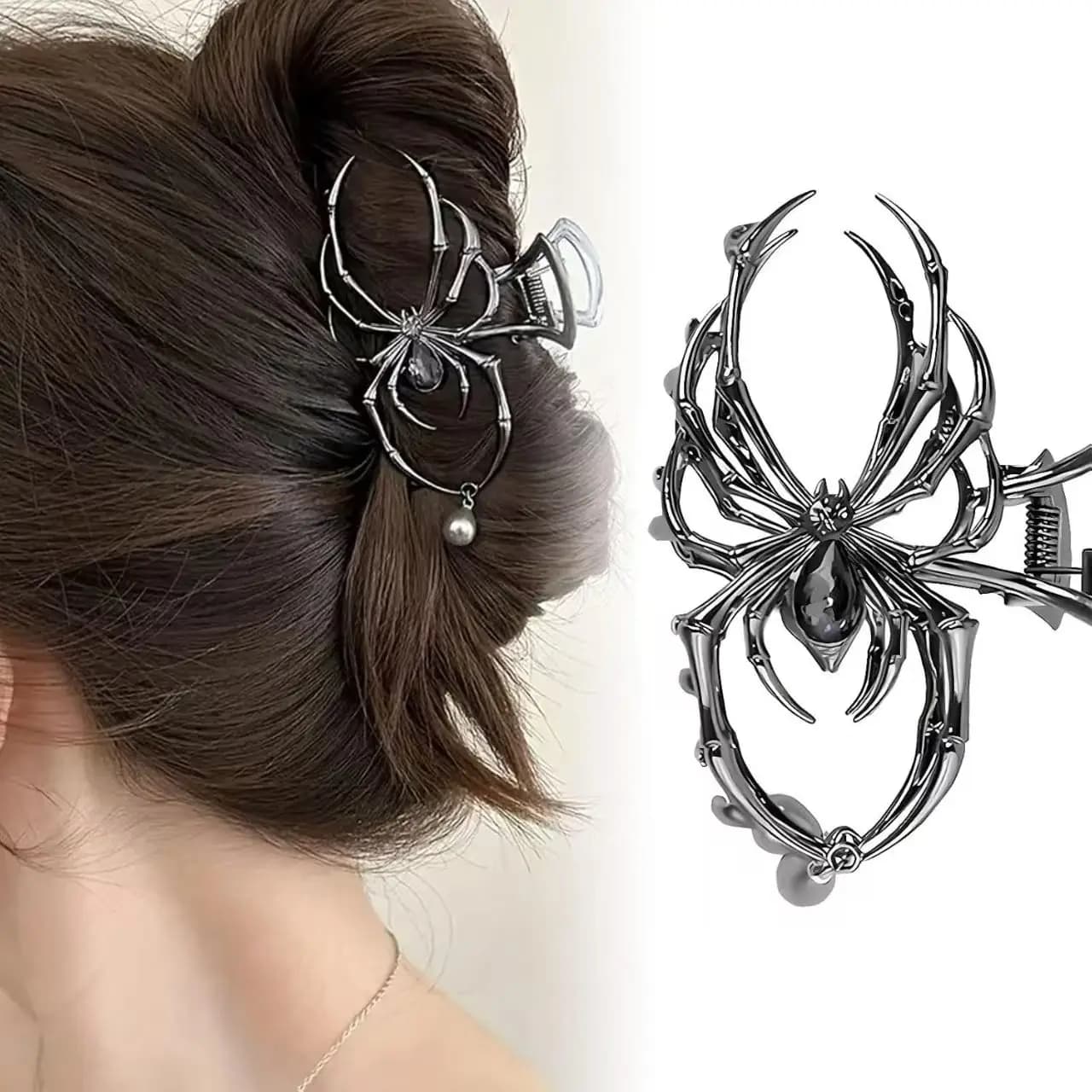Fermaglio per Capelli da Donna Y2K Personalizzato con Strass, Perle Imitazione e Design a Teschio/Artiglio di Ragno in Lega Metallica per Uso Quotidiano