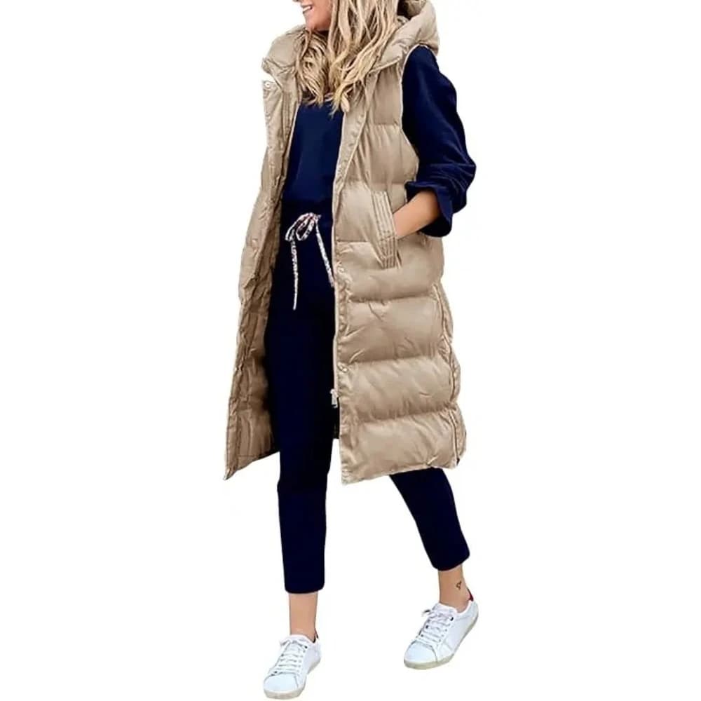 Gilet Lungo Imbottito da Donna con Cappuccio, Senza Maniche, con Zip Integrale, Giacca alla Moda