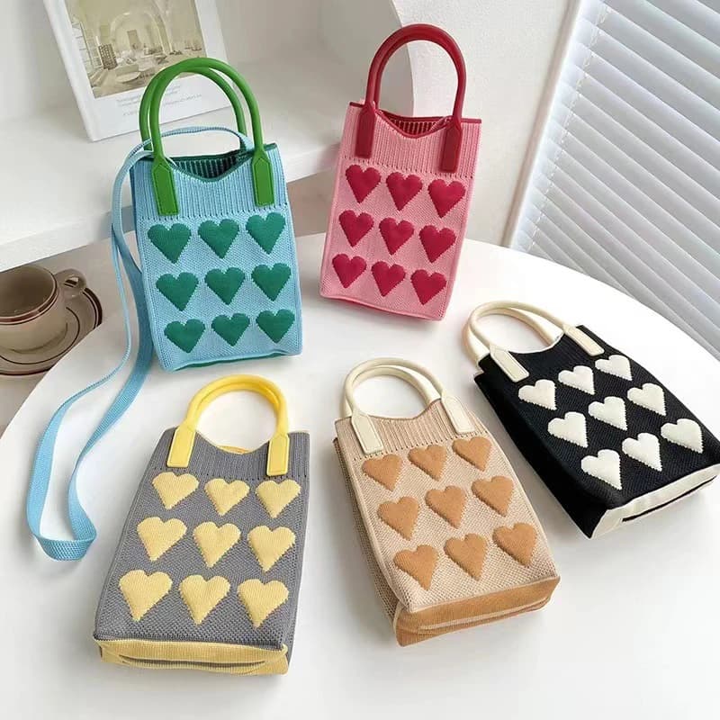1/2/5 Pezzi Borsa a Tracolla Mini in Maglia a Cuore Stile Coreano da Donna, Borsa a Spalla per Cellulare, Borsa Piccola Chic e Carina da Esterno per Ragazze