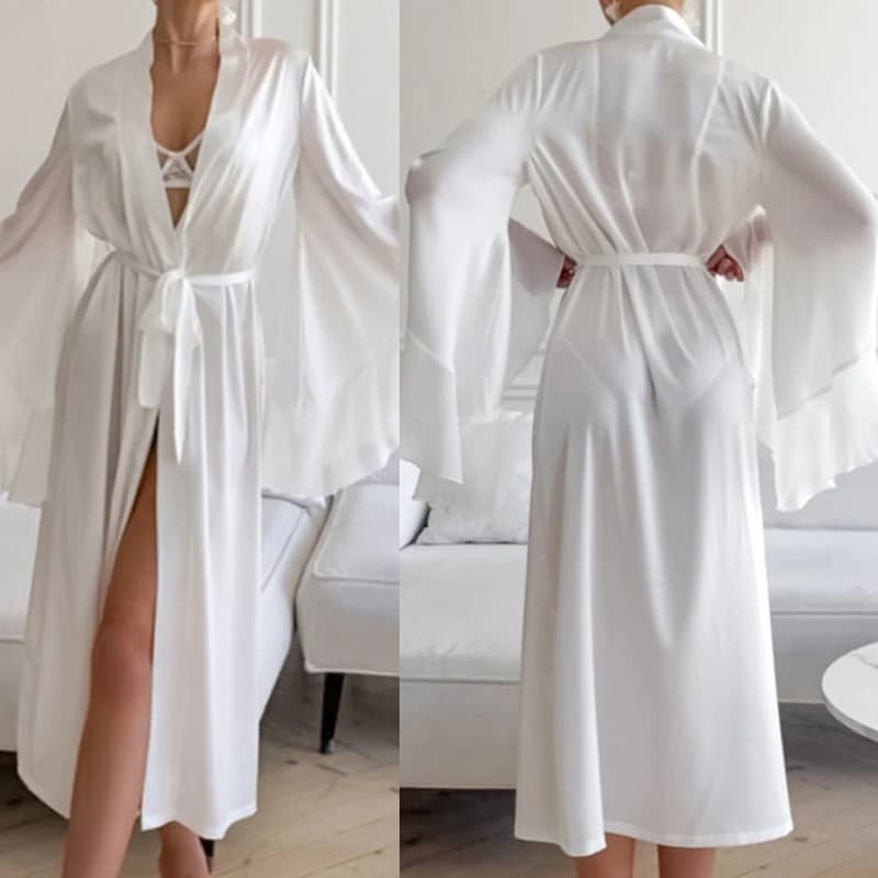 Elegant Long Women's Watch in Silk Satin with Sleeves in Bell, Sexy Kimono, Summer Spring Night Shirt, Comfortable Homewear