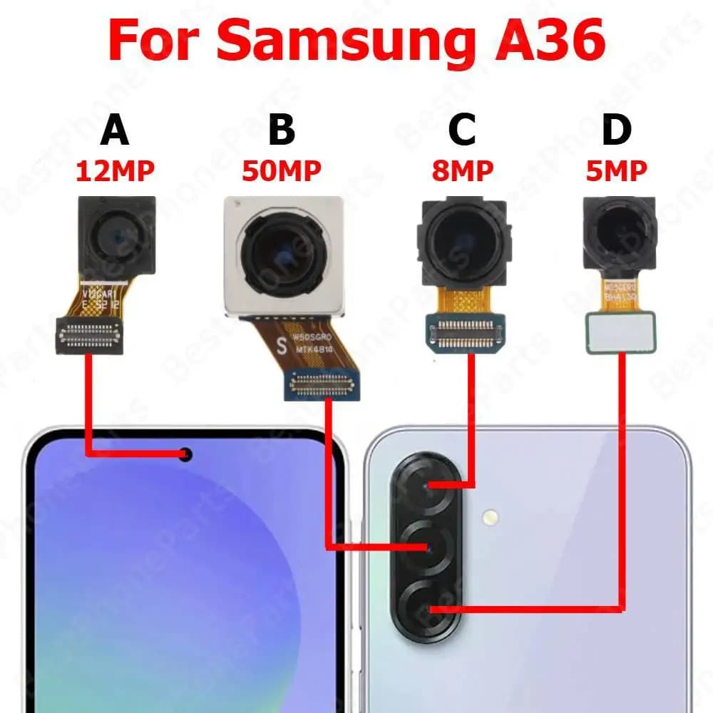Fotocamera anteriore posteriore per Samsung A36 5G A366 Parte posteriore frontale frontale Selfie Modulo fotocamera posteriore Parti di ricambio per telefono cellulare