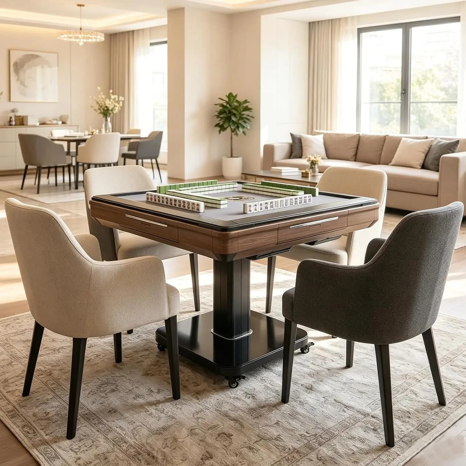 Automatic Mahjong Table, 2 Set Chinese & American Style 42mm Numbered Magnetic Tiles, Foldable - Saving Space, 4, Customized