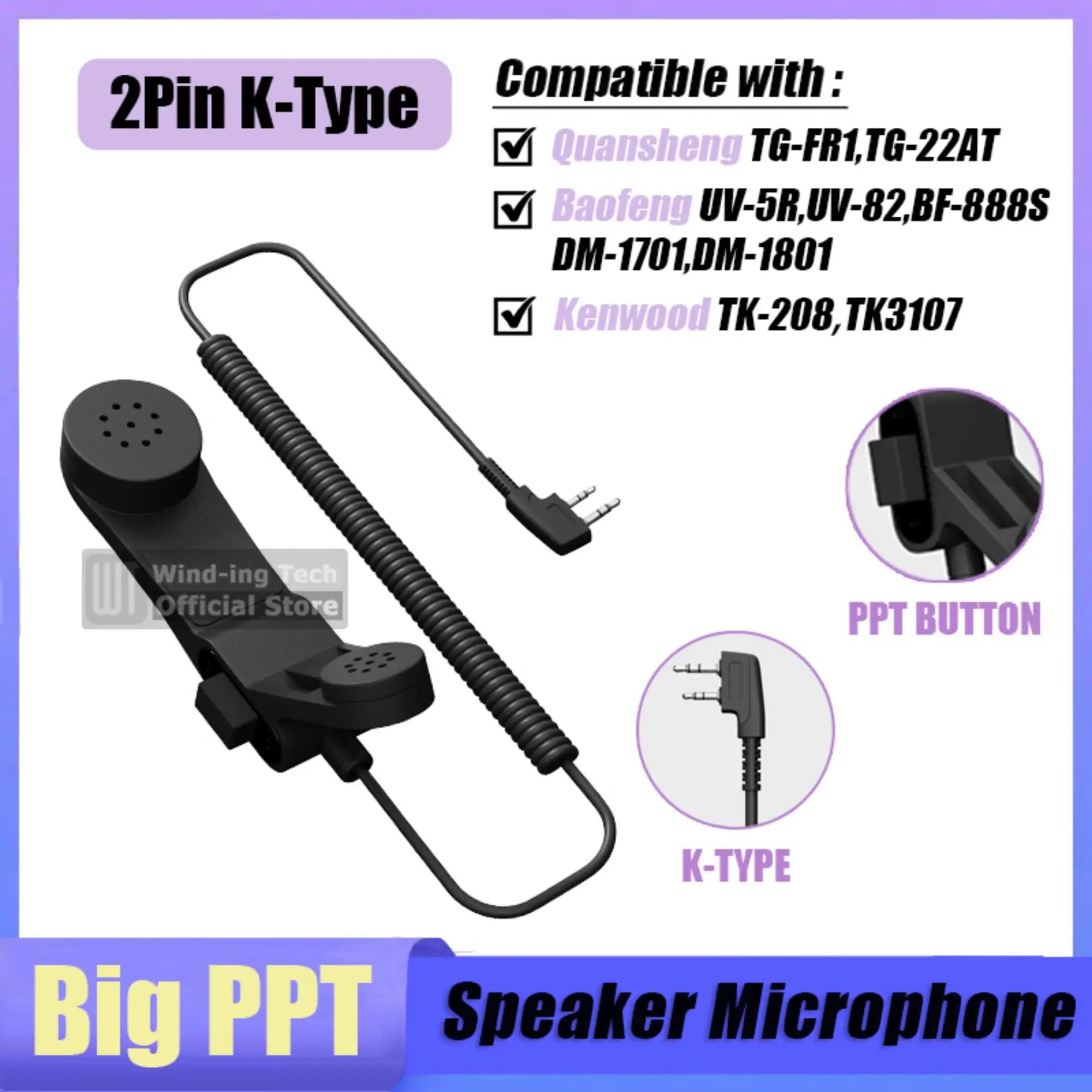 Microfono Altoparlante Radio Ricetrasmittente Bidirezionale con Connettore a 2 Pin Tipo K per Baofeng UV-5R UV-82 888S, Accessori Walkie Talkie con PTT Grande