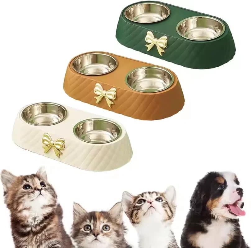 Pet Cat Food Bowl PP Base Bow-tie Bowknot Cat Feeder Stainless Steel Double Bowl Dog Food Feeding Drinking Container Pet Supplie