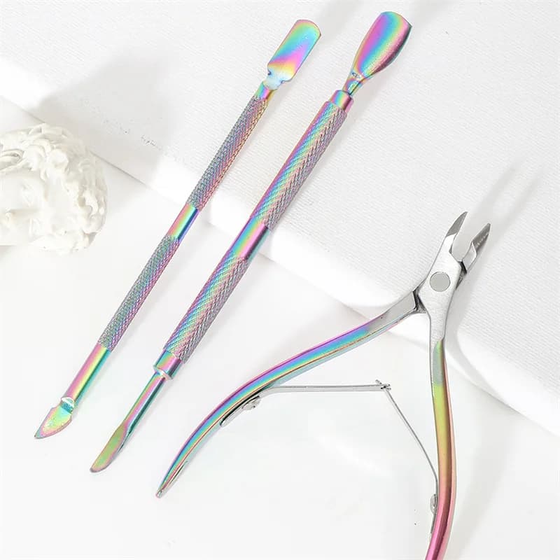 3 pezzi Set Arcobaleno Forbici per cuticole per unghie in acciaio inossidabile Pushers Pelle morta Gel Polish Remover Nail Art Strumenti per la cura del manicure