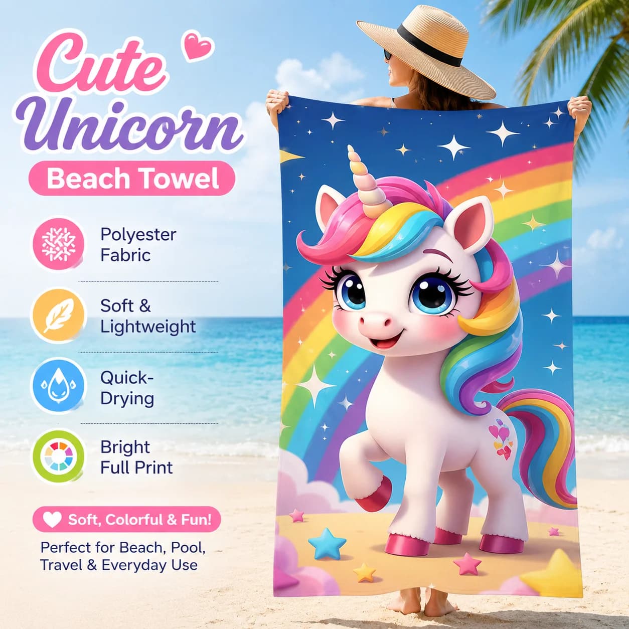 Magical Unicorn Print Beach Towel Sand Free Microfiber Flat Print Quick-Drying Bath Towel for Girls Pool Party Birthday Gift