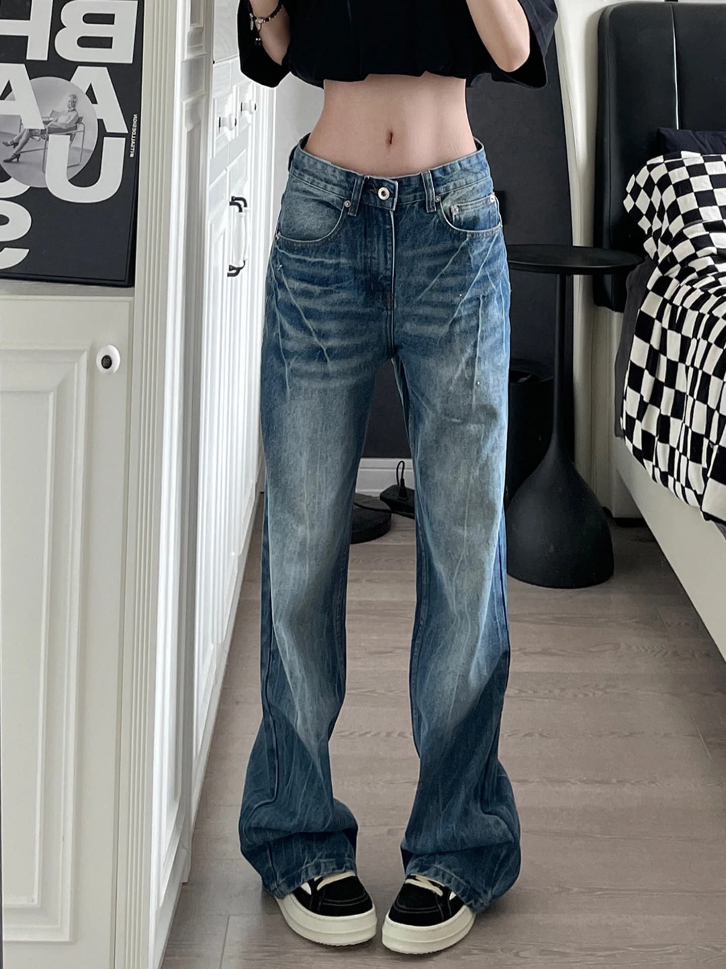 Jeans da Uomo Stile High Street a Gamba Dritta, Pantaloni in Denim Lavato, Pantaloni Casual Americani Resistenti per Uso Quotidiano