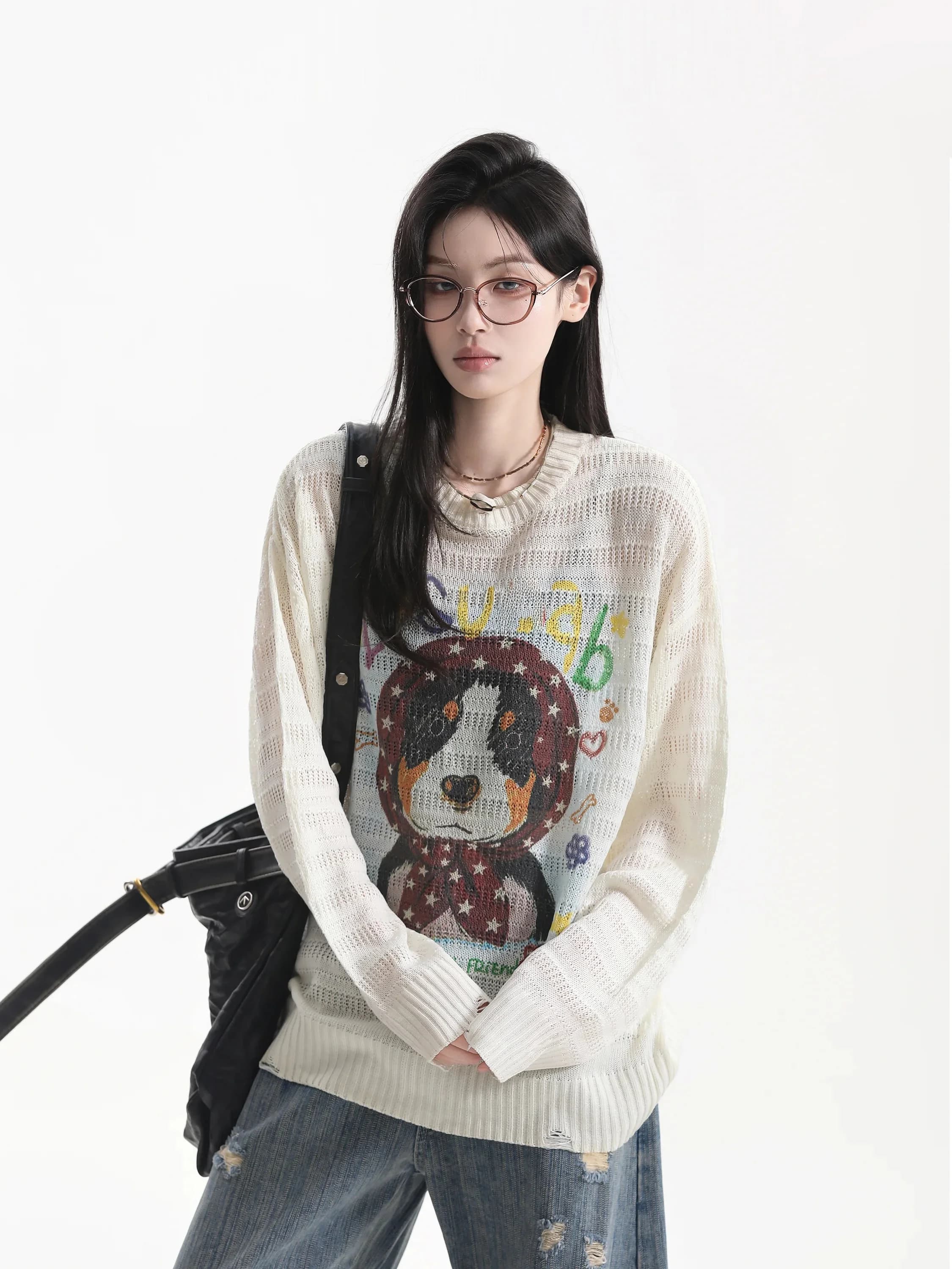 Dopamine Boosting Graffiti Print Knitted Long Sleeve T-Shirt Semi-Transparent Casual Style Korean Anti-Aging Fashion Women's Top