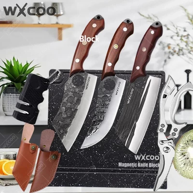 WXCOO Forged Meat Cleaver Butcher Knife Kitchen Knives Stainless Steel Boning Fruit Magnetic Knife Holder Cutting Boards