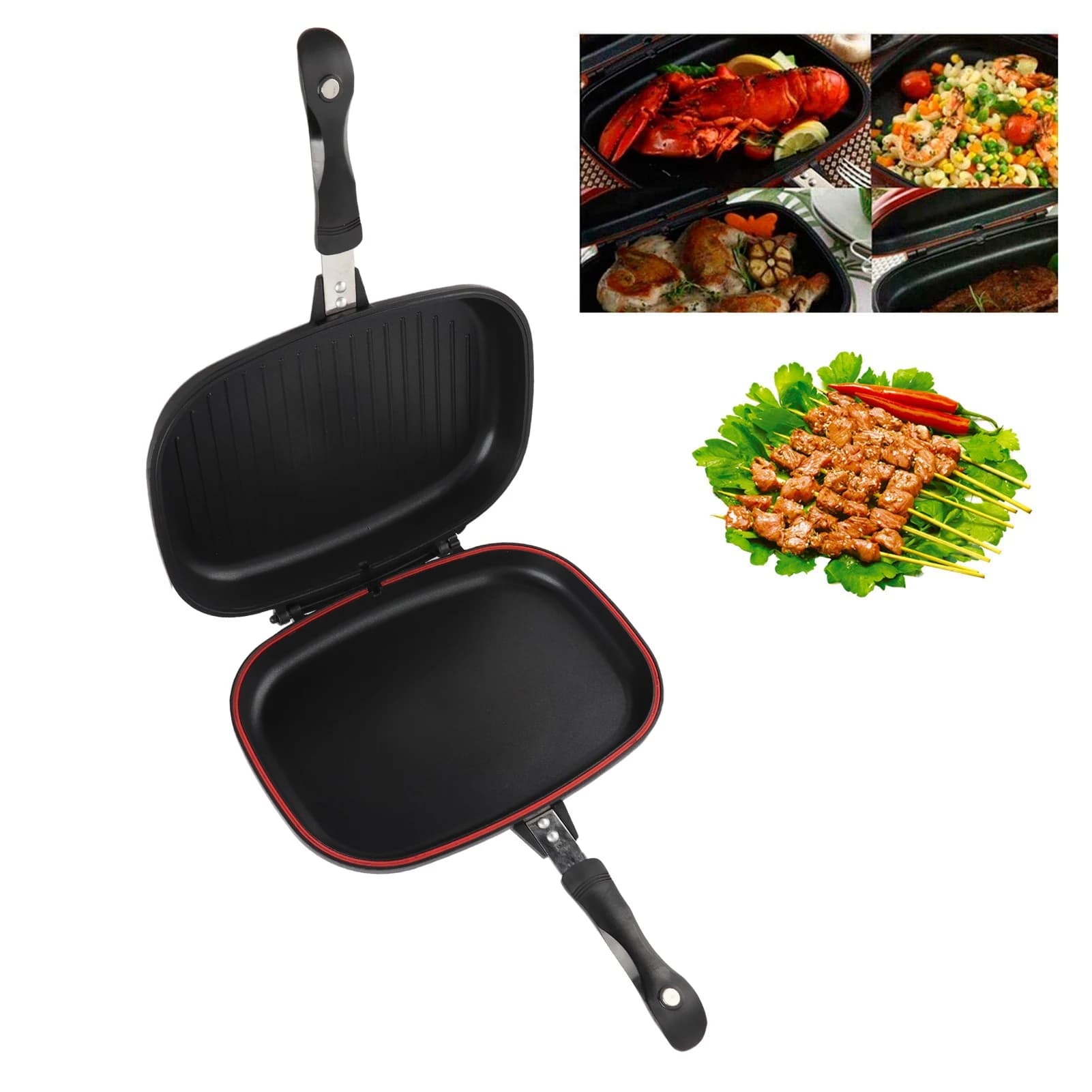 Padella per grigliare da 32 cm/12,6 pollici, con doppio lato, portatile, con manico anti-scottatura, forniture da cucina, pentola per grigliare