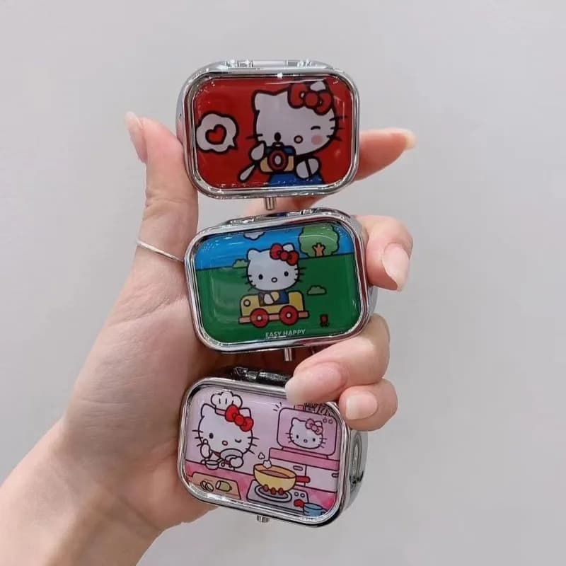 Scatola portaoggetti in metallo Anime Hello Kitty, portapillole compartimentato, graziosa mini scatola portagioie a forma di cartone animato, contenitore per caramelle Kawaii
