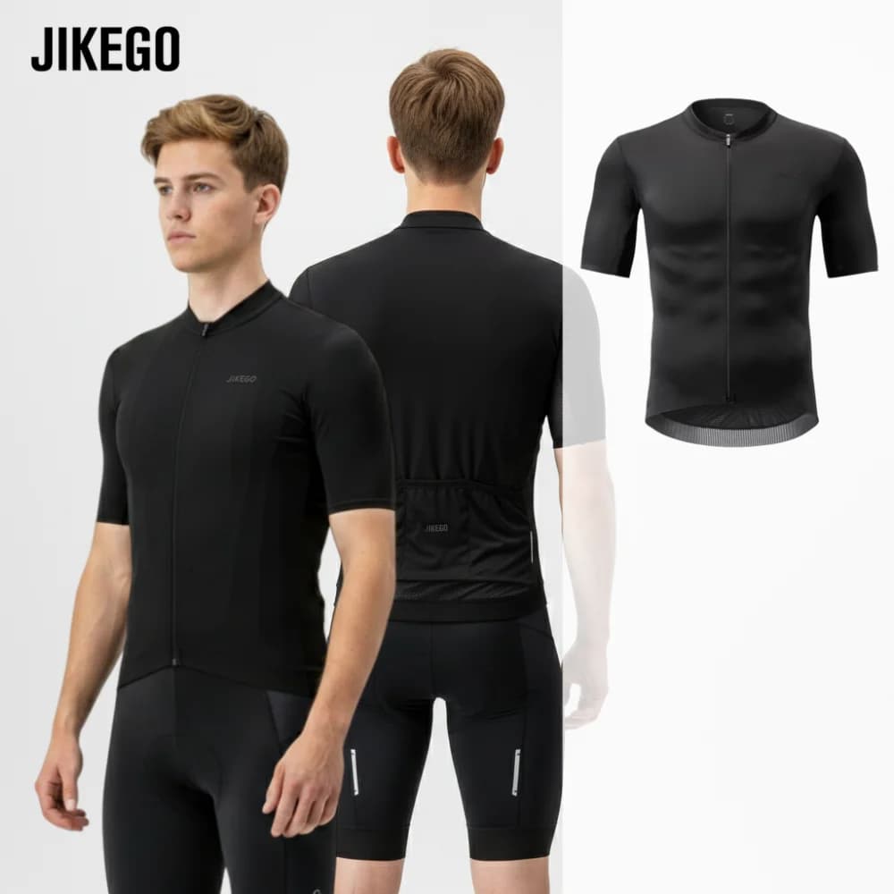 JIKEGO men's cycling jersey with high elasticity and breathable mesh, quick drying MTB shirt with multiple back pockets for summer