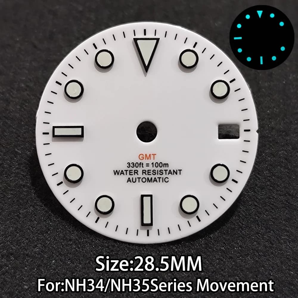 Quadrante per orologio GMT da 28,5 mm, adatto per movimento serie NH34, orologio da uomo, accessorio quadrante luminoso con calendario singolo BGW9, parte di ricambio