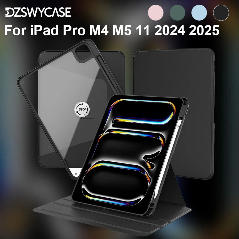 Custodia Girevole per iPad Pro 11 pollici M4/M5 2024 2025, con Porta Penna, 360° ° Custodia Antiurto Rotante con Cover Posteriore Trasparente