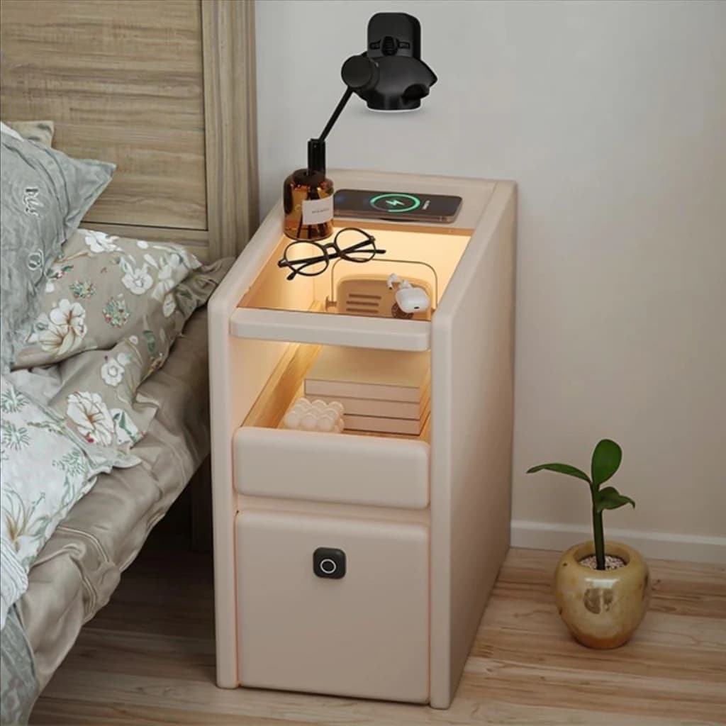 Comodino intelligente Camera da letto Comodino in legno massello con ricarica multifunzione wireless con serratura per impronte digitali
