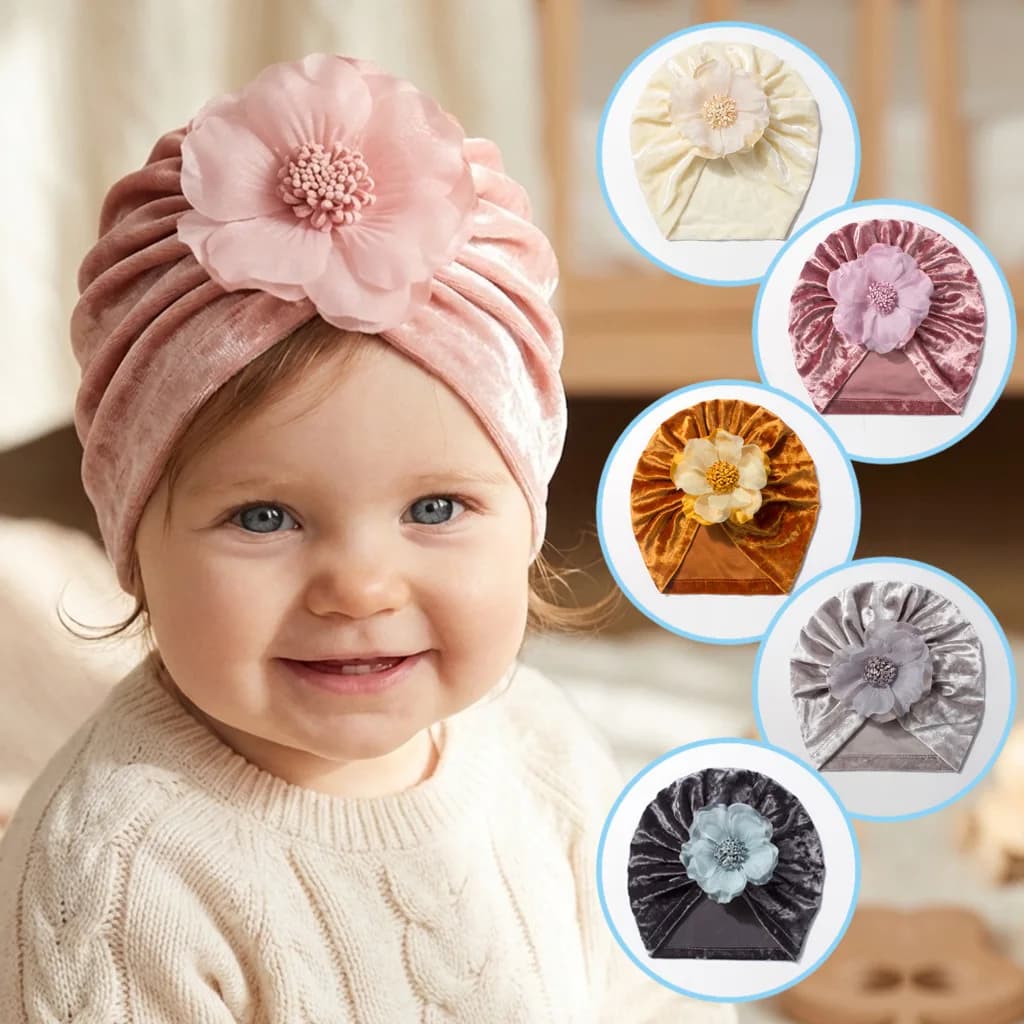 Solid Velvet Baby Beanie Turban Hat With 3D Flower Soft Elastic Newborn Girls Fashion Head Wrap For Holiday Photoshoot