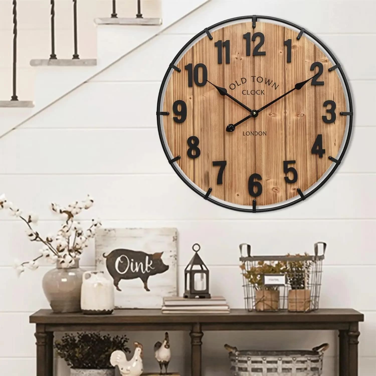 Grande Orologio da Parete Rustico Stile Fattoria da 24 Pollici con Funzionamento Silenzioso a Batteria per Cucina, Camera da Letto, Ufficio