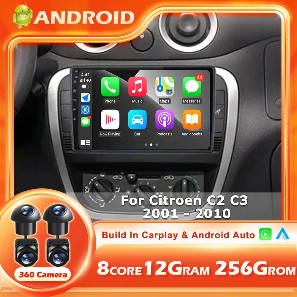 Autoradio Android 16 per Citroen C2 C3 2001-2010, Lettore Multimediale con GPS, Navigazione, Carplay, Schermo Touch, Stereo e Accessori