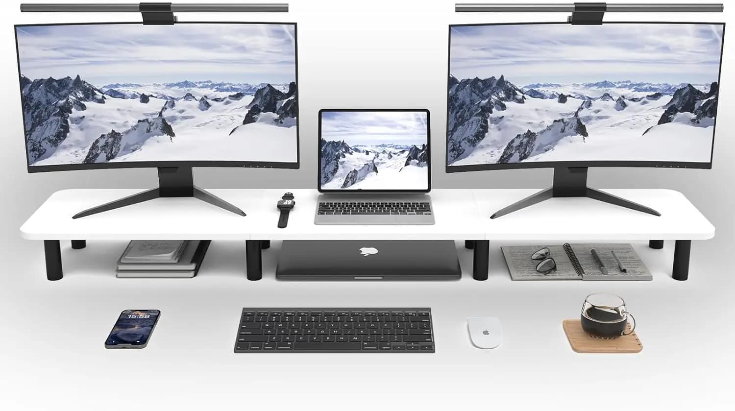 Supporto per doppio monitor da 43,7 pollici, supporto per TV extra lungo e largo, supporto da scrivania in legno e acciaio, organizer da scrivania per la casa