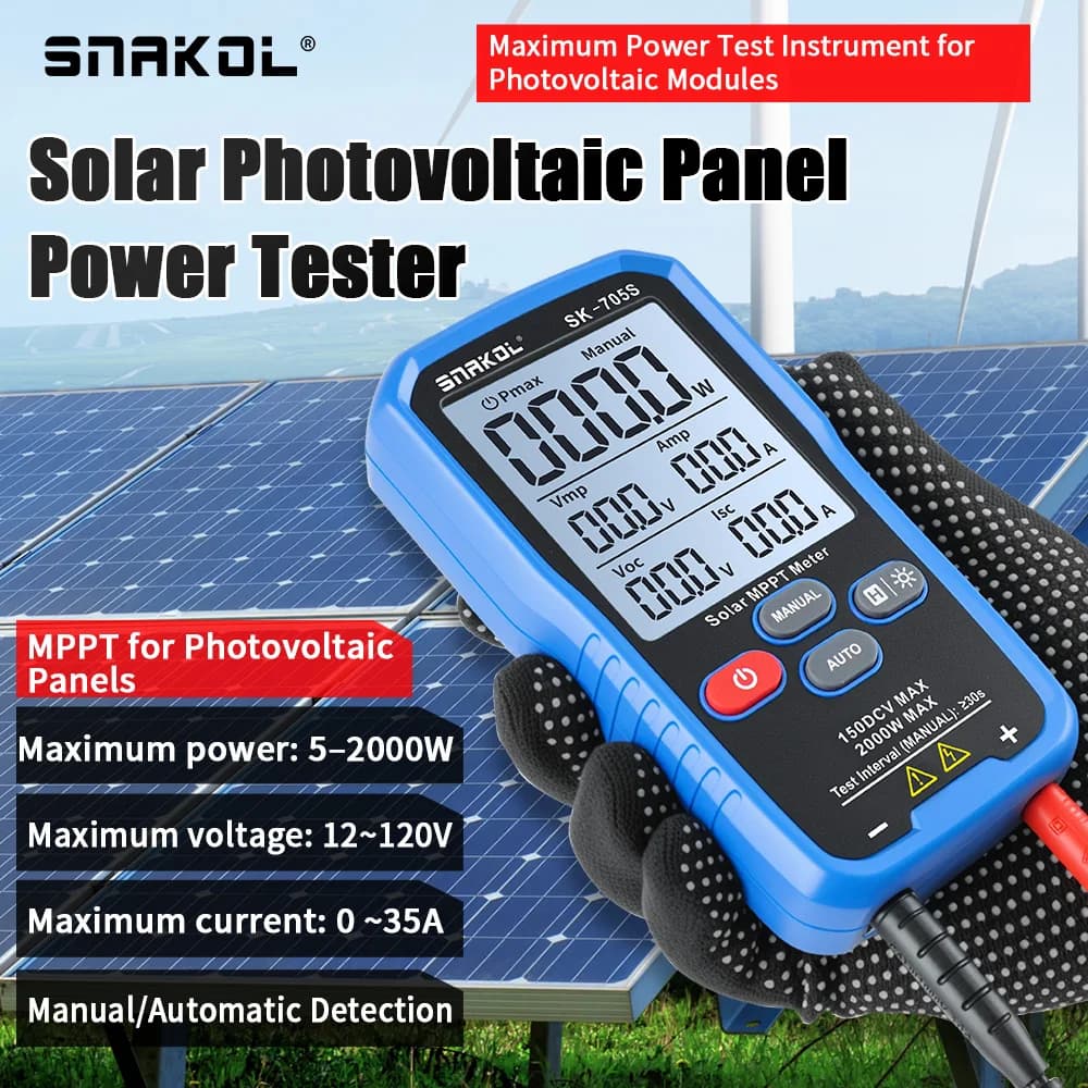 Tester per Pannelli Solari SNAKOL SK-705, Misuratore di Potenza Massima 1000W per Moduli Fotovoltaici, Test di Tensione a Circuito Aperto e Corrente a Cortocircuito