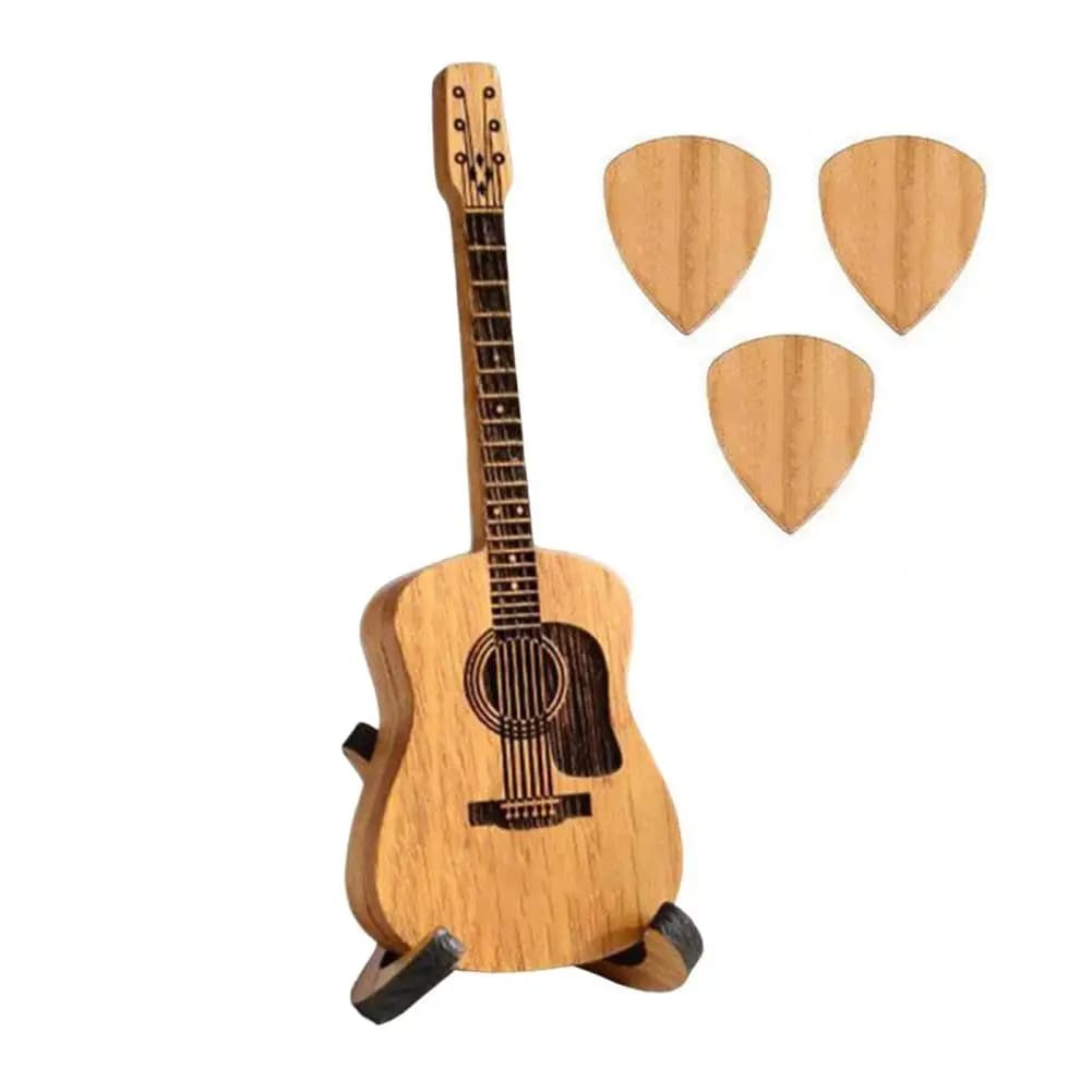 Custodia per plettro per chitarra in legno scatola portaoggetti per plettro per chitarra in legno con supporto 3 plettri Ukulele Folk acustico per chitarristi per musicisti
