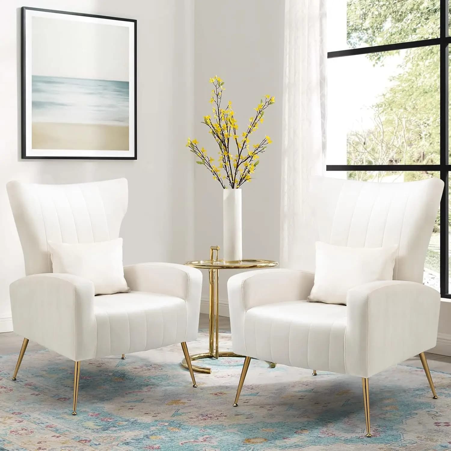 Set di 2 Sedie da Soggiorno Moderne in Velluto con Cuscino Lombare, Poltrona con Schienale Alto e Braccioli Dorati, Personalizzabile