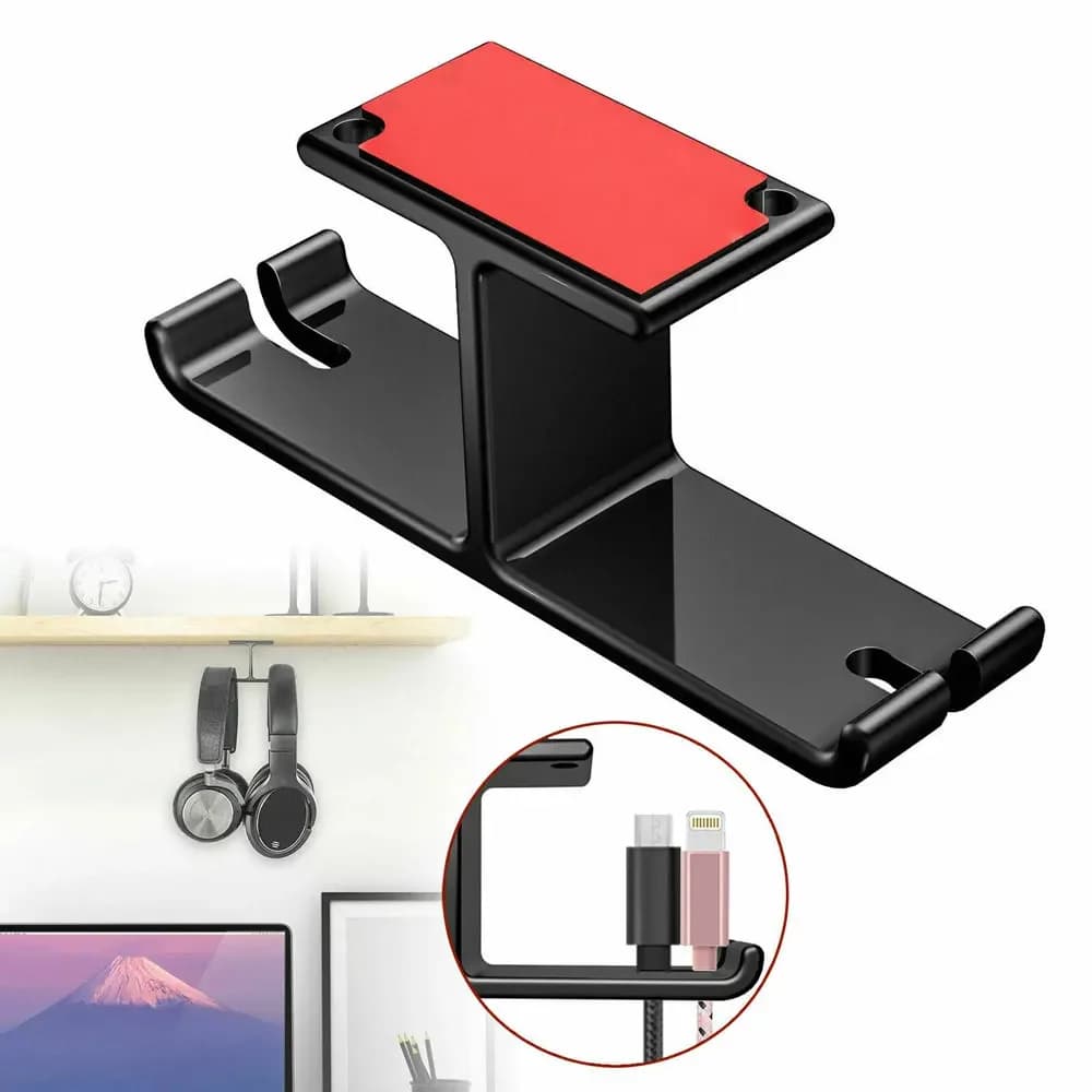 1x Storage Holder Hook Aluminum Headphone Hanger Hook Tape Under Desk Dual Headset Mount Holder Home Organizer Stand