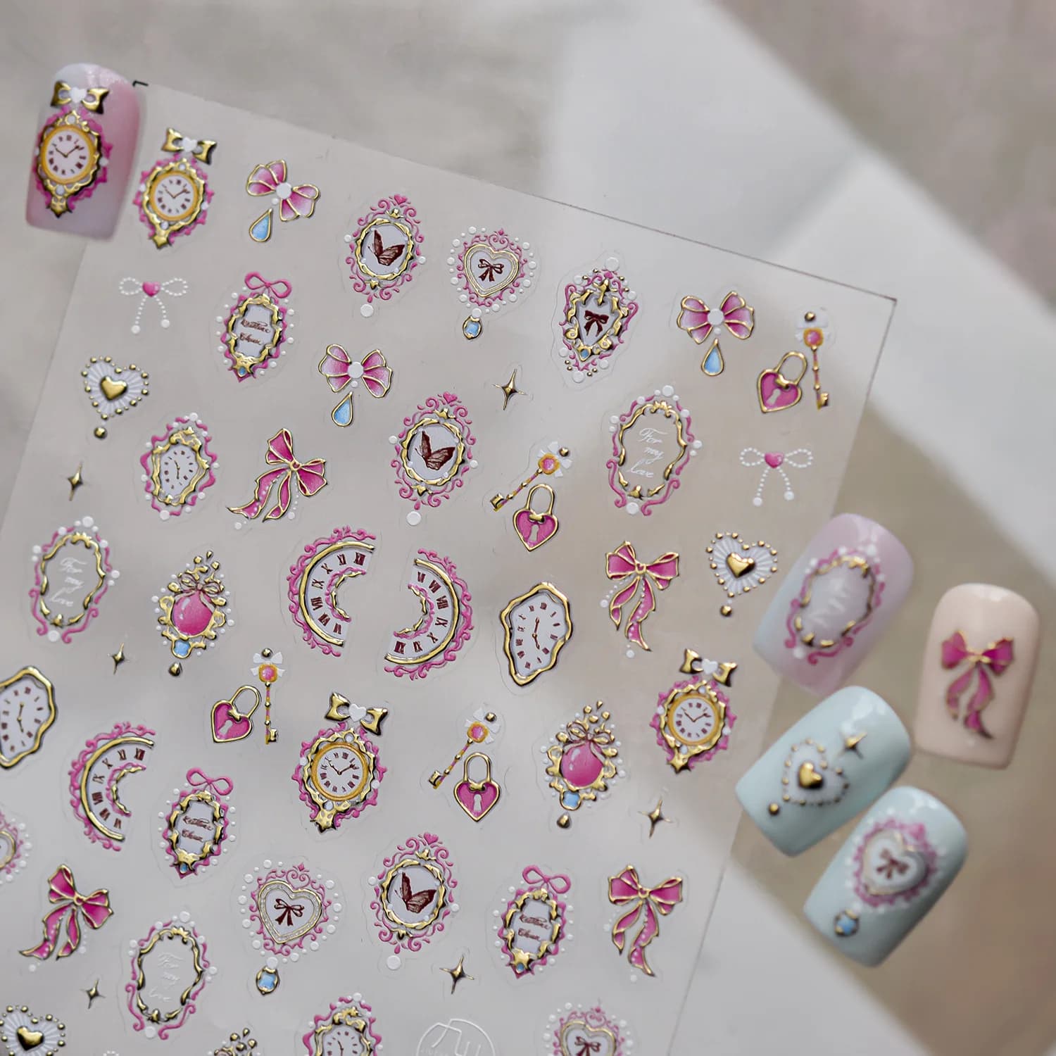 Adesivi Metallici per Nail Art, Fantasie 3D con Orologio, Lucchetto e Cornice, Decorazioni Fai da Te per Manicure