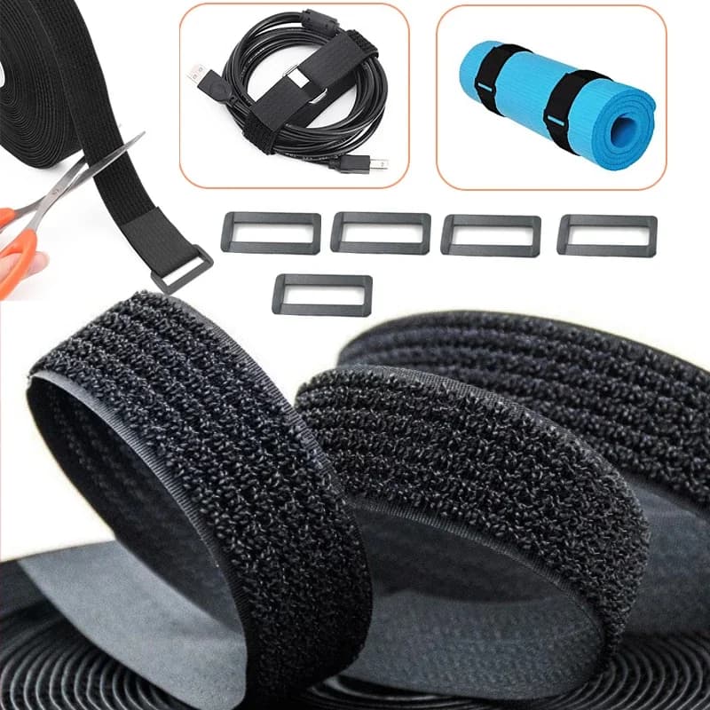 Nastro per cavo di fissaggio ad anello con gancio in nylon da 1/2/3/5 m Cinghie a gancio e anello regolabili nere con fibbie per organizer o riporre cavi
