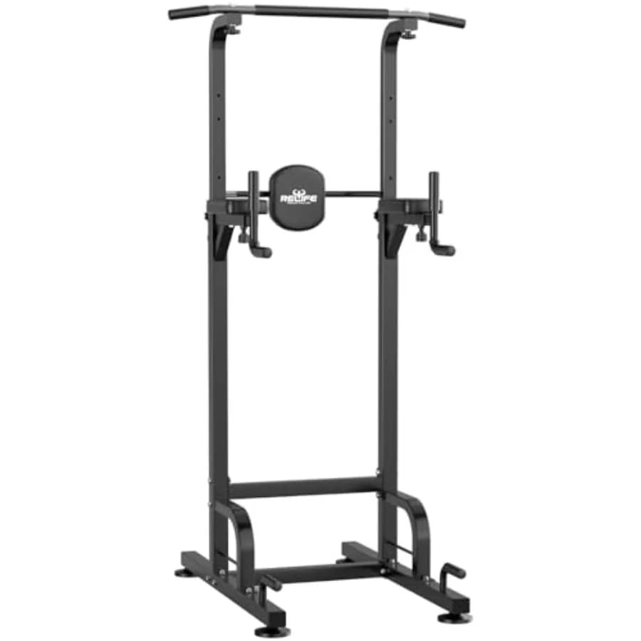 Home gym pull-up bar station with steel frame, black finish, heavy-duty construction for strength training and dip workouts