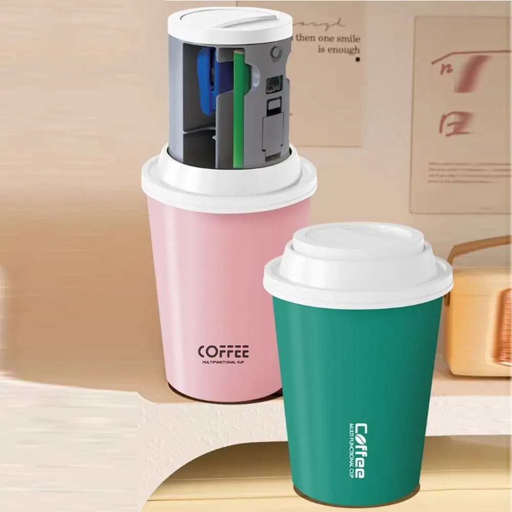 7 in 1 Children's Stationery Set Coffee Cup Shape with Fan Learning Storage Cup Eraser Pencil Sharpener