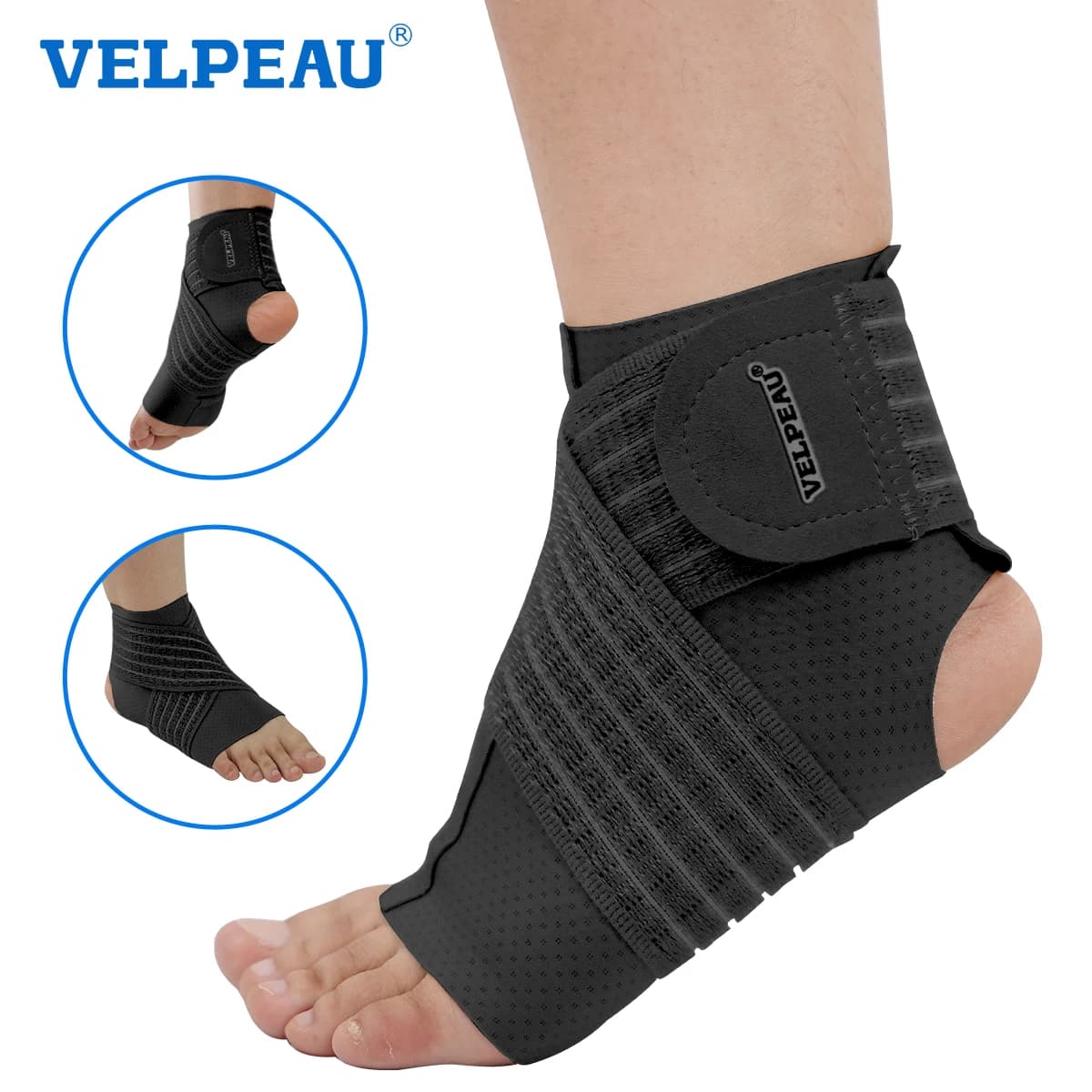 VELPEAU Ankle Support Brace, Ankle Compression Sleeve with Adjustable Strap for Sports, Running, Cycling and Plantar Fascites
