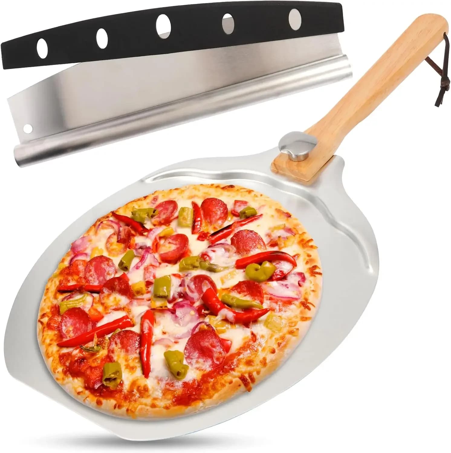 12"x14" Aluminum Pizza Peel Set- Pro Pizza Paddle & Pizza Spatula with Foldable Wooden Handle & Rocker Cutter Compatible with Ninja/ooni, Complete Pizza Oven Accessories for Baking Bread/Dough/Pastry