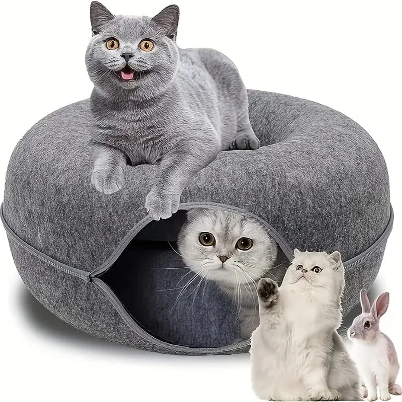 Felt Donut Bed for Cats House With Breather Hole Dog Bed Interactive Play Toys for Cats to Hide 2 in 1 Tunnel for Cats Bed