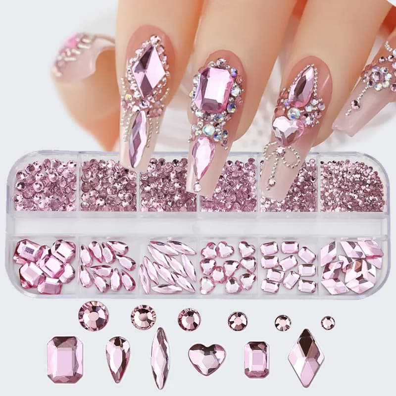 12 griglie rosa misto strass per unghie set di lusso fai da te decorazione per unghie glitter gioielli in cristallo gemme strass per manicure