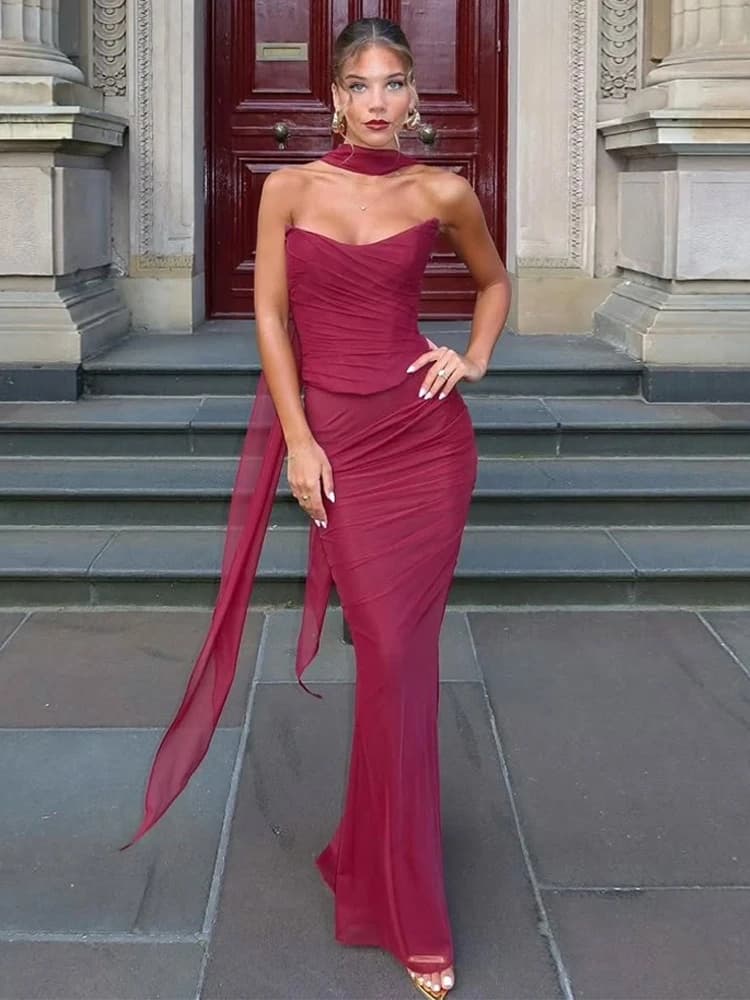 FDYOUI Elegante corsetto con cerniera Top + Gonne lunghe Set coordinati in 2 pezzi Fasciatura da donna aderente Abito da cerimonia nuziale Abito da sera Abiti da sera