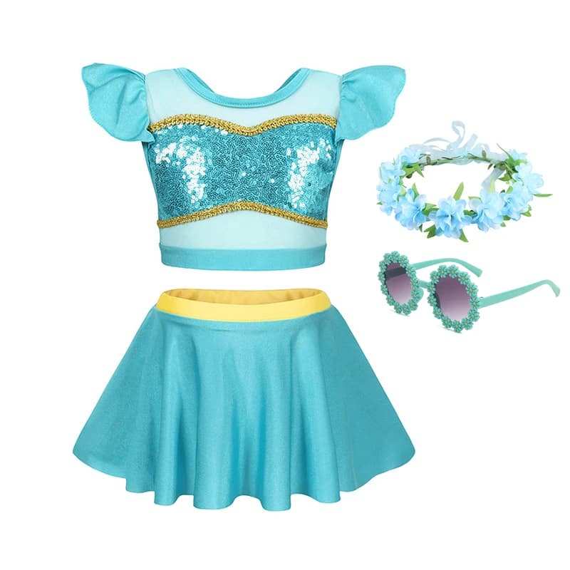 Costume da bagno 2 pezzi ispirato alla principessa Jasmine di Disney per ragazze, bikini turchese con paillettes e occhiali da sole con ghirlanda di fiori, abbigliamento da spiaggia per bambini