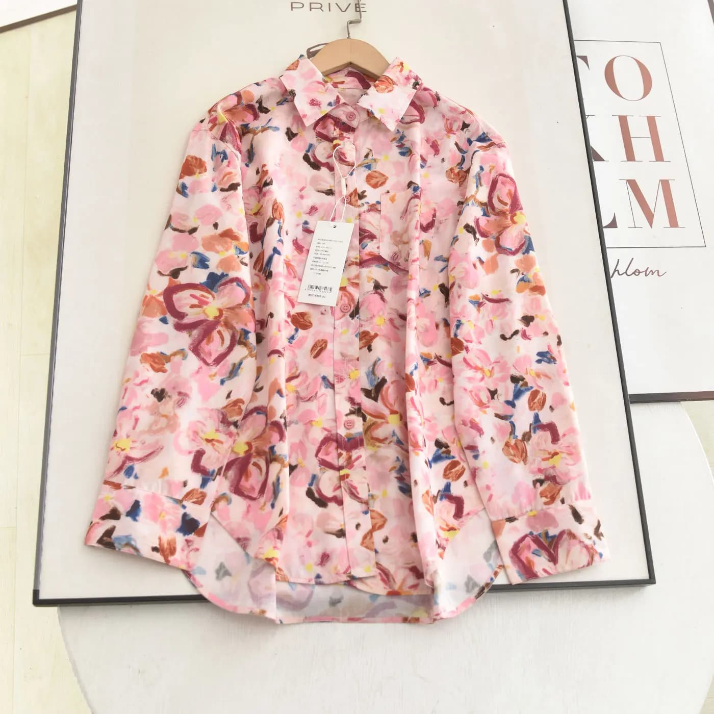 Spring 2026 Women's Collar Printed Blouse Gradient Dyeing Commute Style Loose Fit Long Sleeve Breathable Shirt