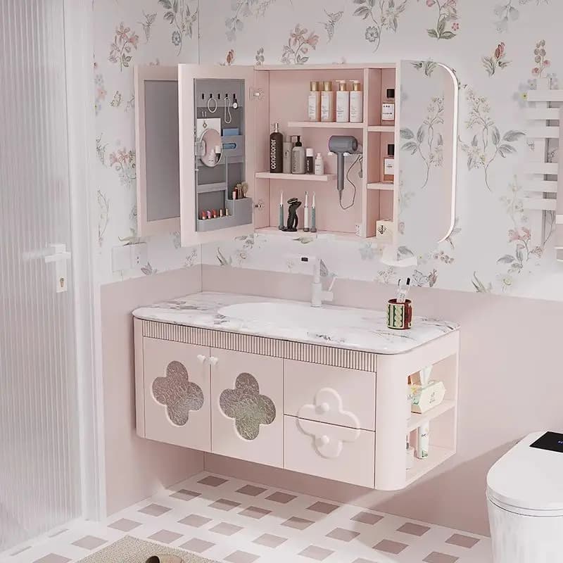 Mobile da bagno curvo con vernice cotto in legno di gomma rosa, lavabo integrato in ceramica con armadietto laterale, armadietto a specchio intelligente