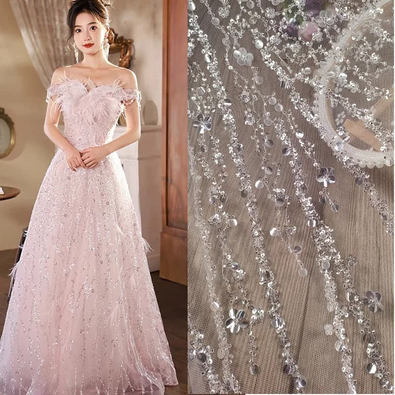 120Cm Wide European Style 3D Beaded Sequin Lace Fabric Pink Red Vertical Stripe Material for DIY Haute Couture Dresses F103