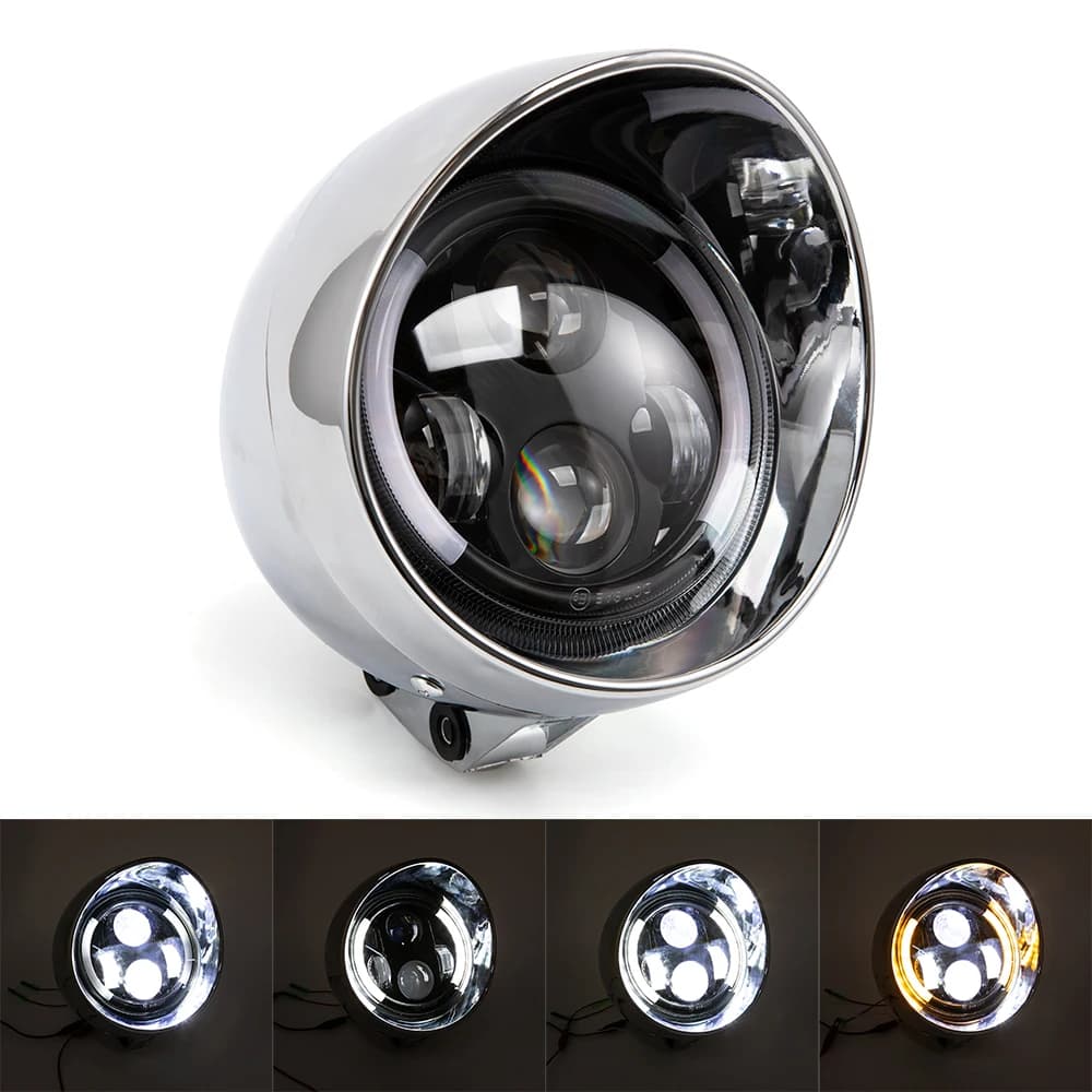 7" Motorcycle LED Chrome Bullet Headlight DRL High Low Beam For Honda Steed Shadow For Yamaha Custom Headlamp Turn Signal Light
