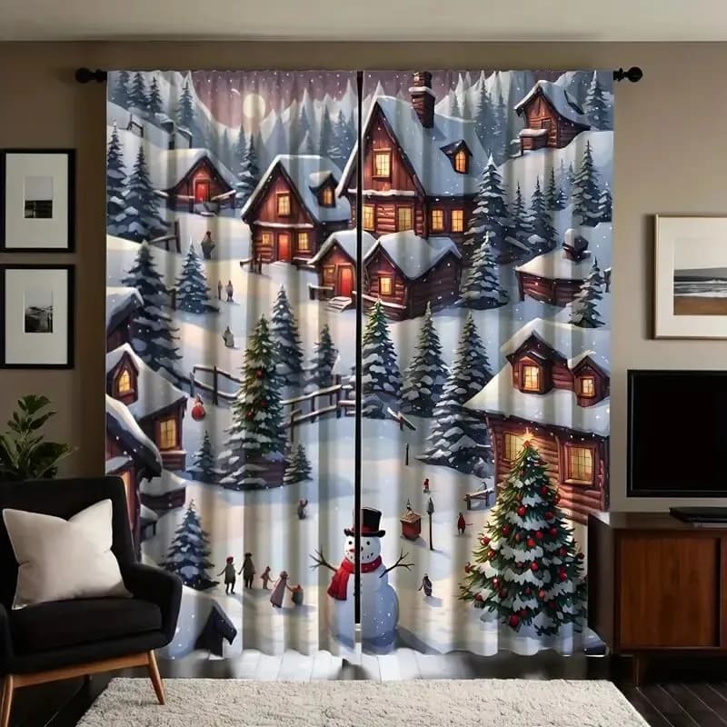 2PCS Digital Print Curtains, Christmas Snow Village Night Warm Lights Snowman Tree, Winter Holiday for Living Room Bedroom