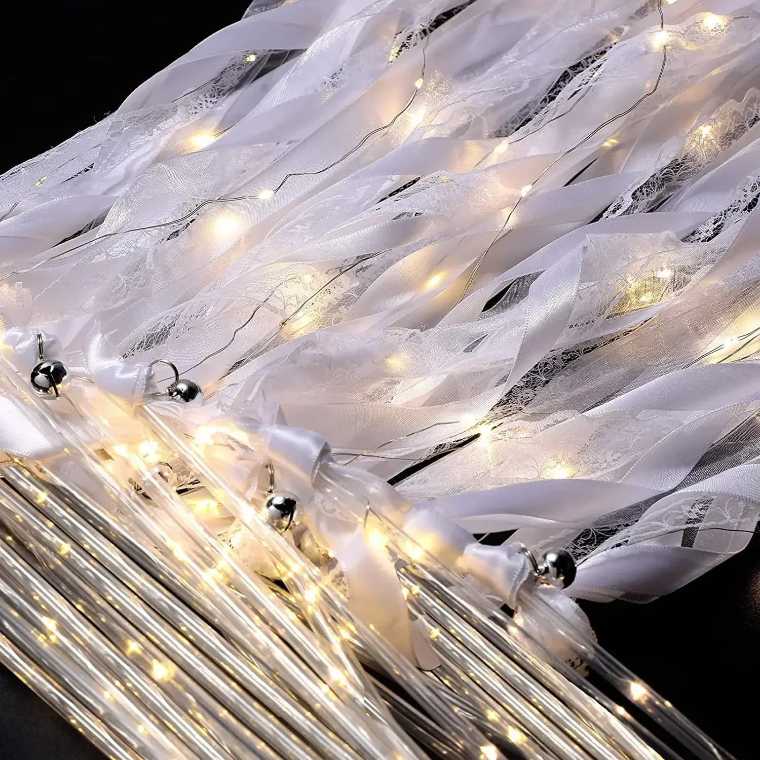 10 pezzi bacchette stelle filanti a nastro con campanelli LED illuminano bacchetta da fata in seta bagliore flash bastoncino in pizzo per festa di compleanno festival di nozze