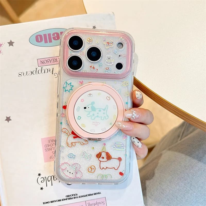 Custodia per telefono compatibile con 360 ° Cover Trasparente Antiurto con Glitter e Stampa Cucciolo Girevole per iPhone 15 16 17 Pro Max