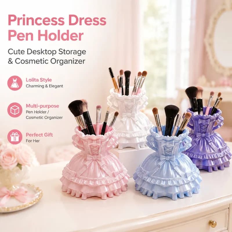 Lolita Princess Skirt Shaped Desktop Organizer 3D Printed Cute Girl Pen Storage Box Versatile Tabletop Decor for Makeup