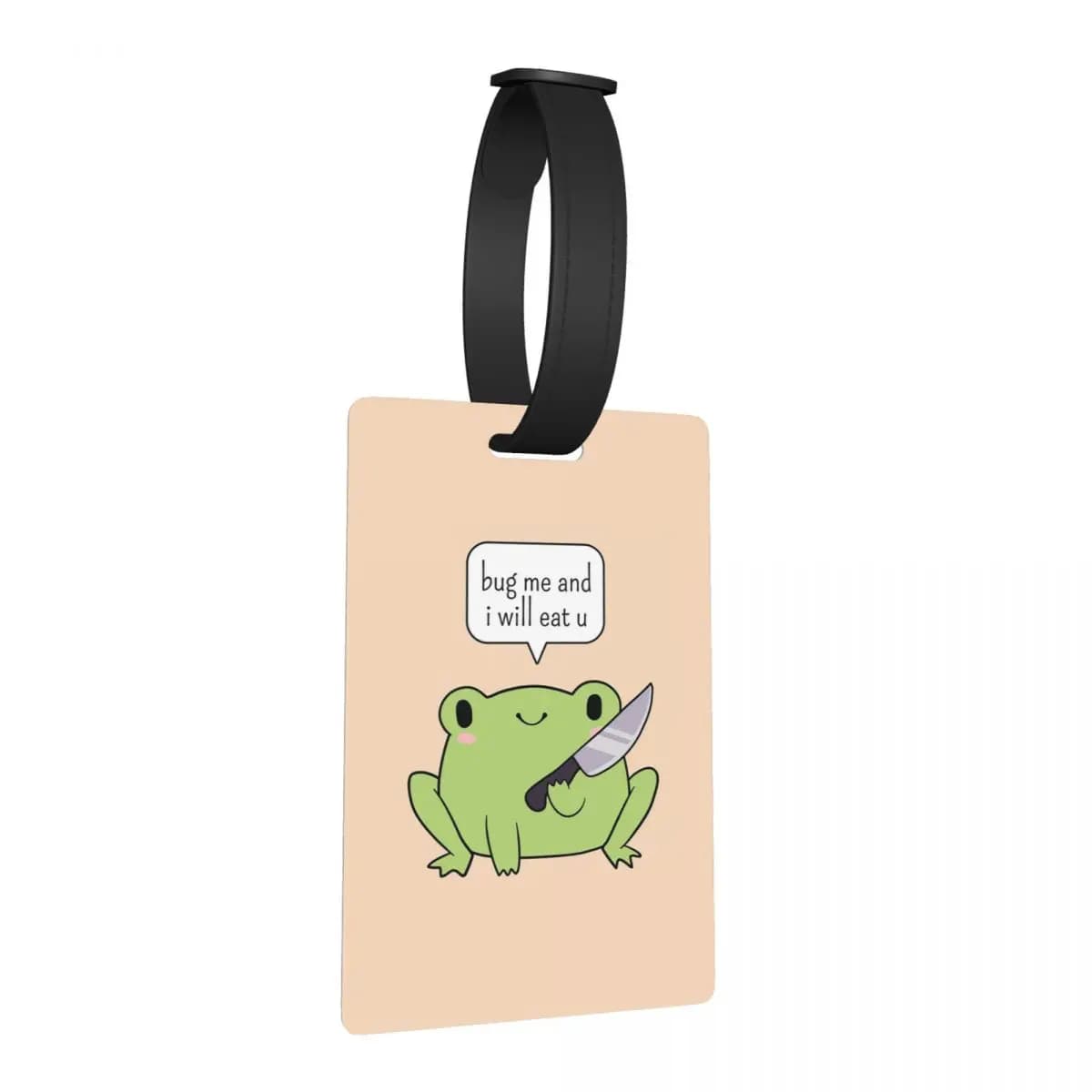 Etichette per bagagli con simpatica rana con coltello, accessori per valigie, etichetta per bagaglio da viaggio, porta etichette per imbarco, porta nome e indirizzo